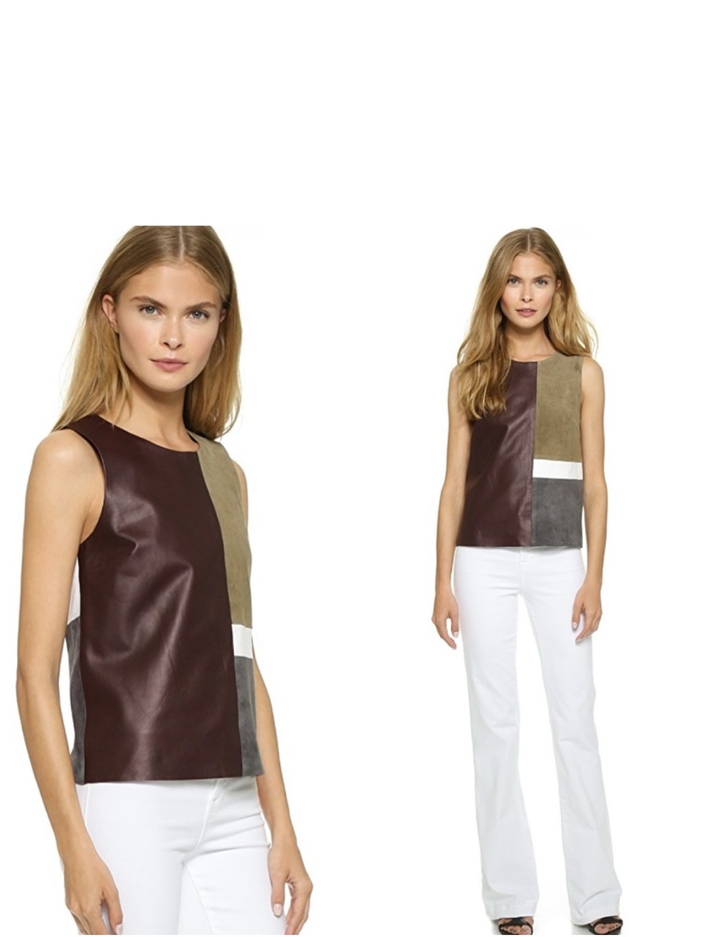 Theory Classic Suede Blinzee Leather Sleeveless Top in Brown, Olive & White